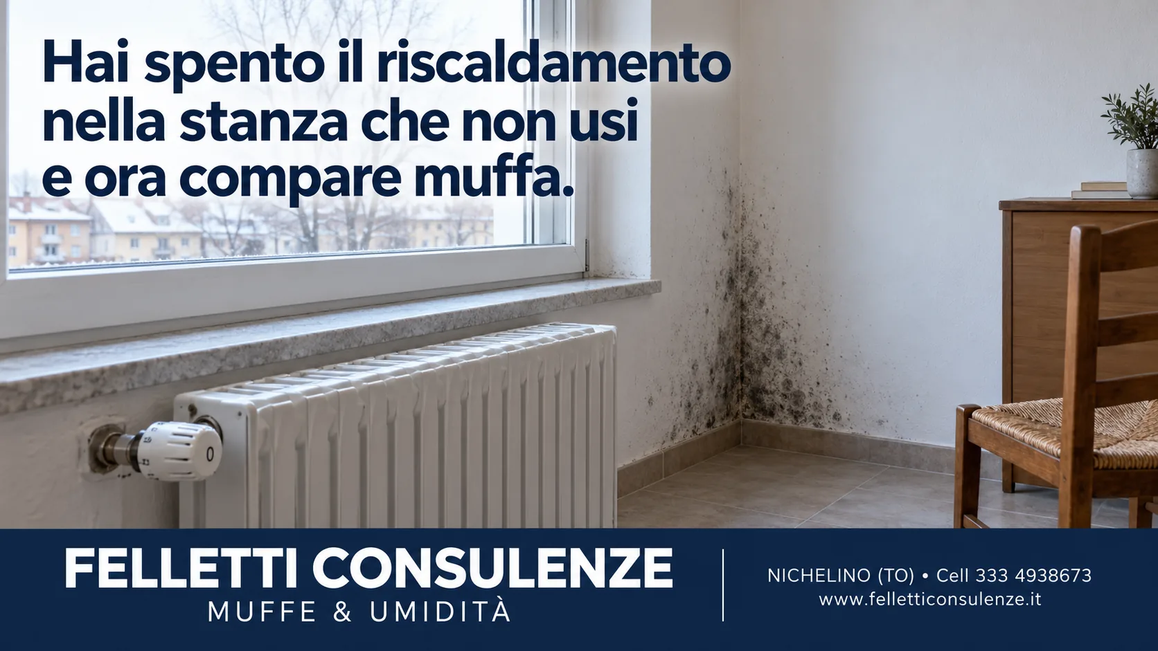 Stanza poco utilizzata con radiatore e alterazione localizzata sulla parete perimetrale