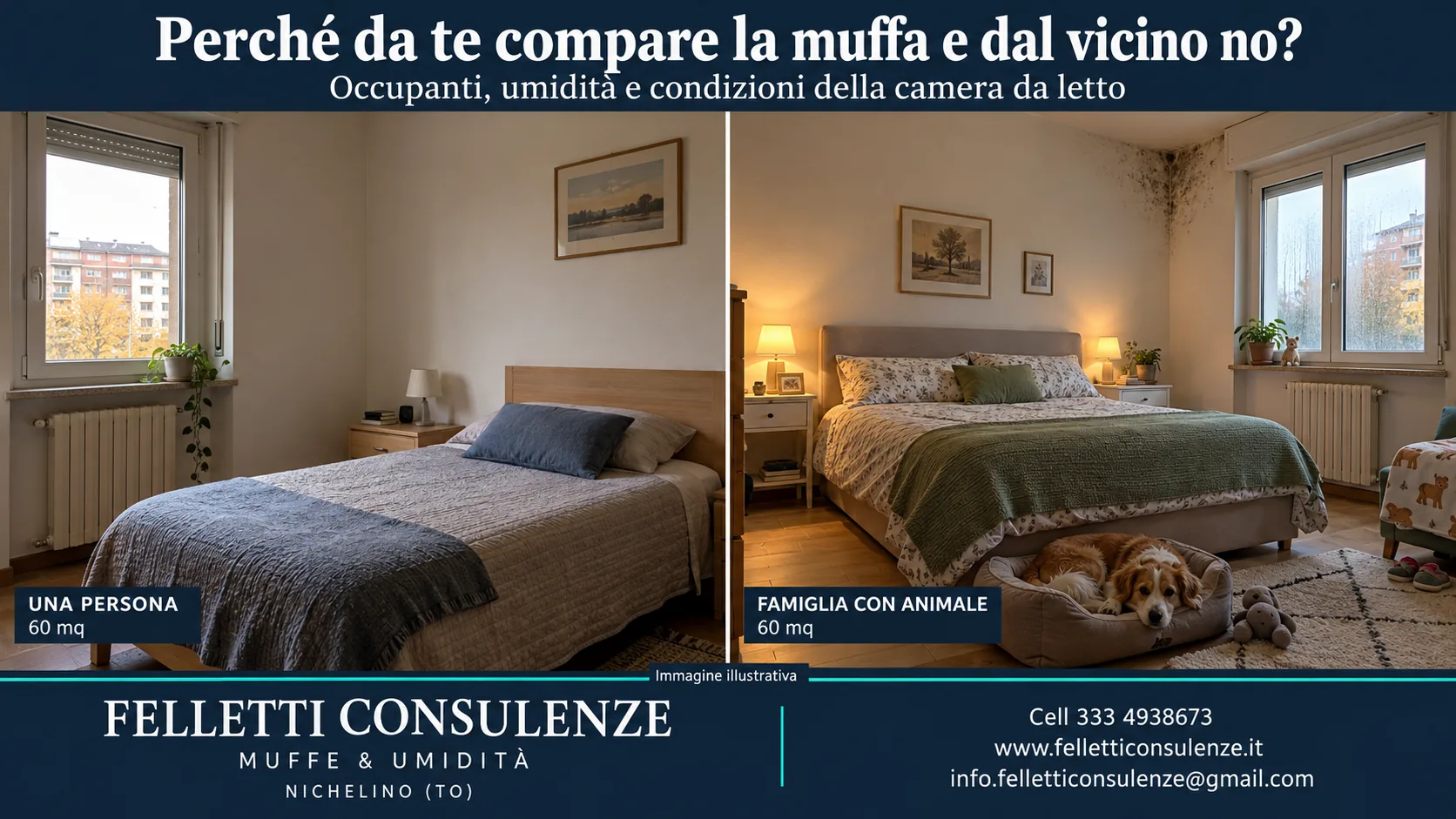 Camera da letto di un appartamento con alterazioni scure localizzate nell’angolo della parete vicino alla finestra